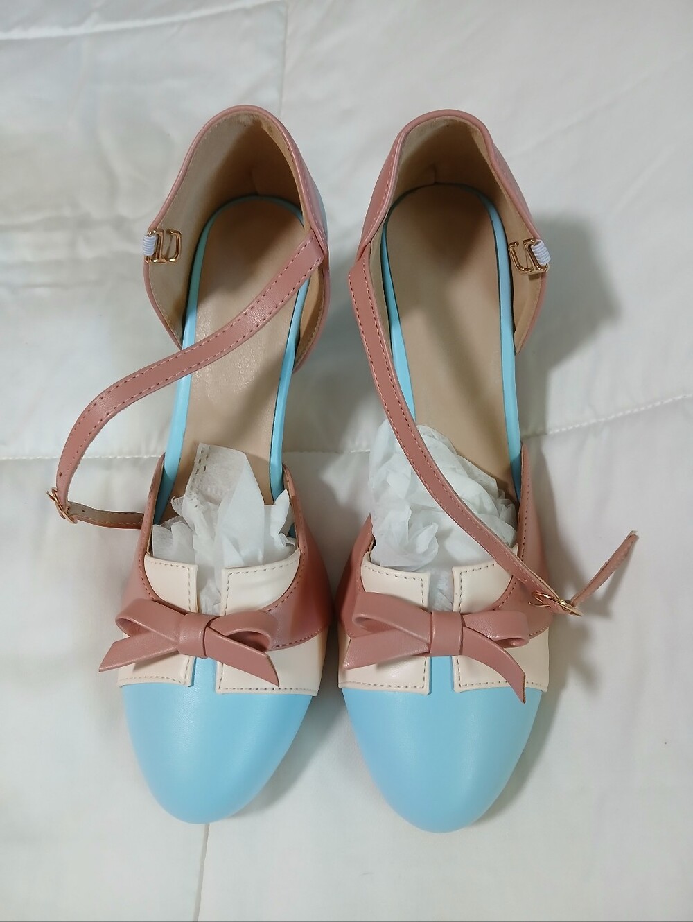 Styled By Susan Bellarosa Pastel Blue, Mauve, Light Peach Bow Ankle Strap Heels